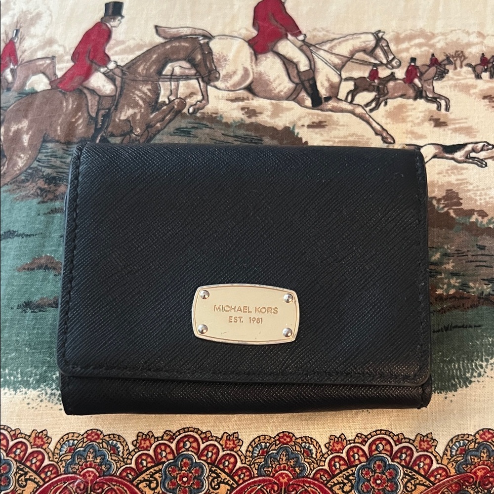 Michael Kors Black Saffiano Trifold Wallet with Gold Plaque